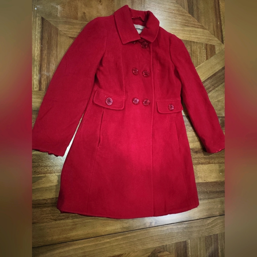 Red Wool Blend Button Down PeaCoat Jacket Sz 4 Womens Mantello Italian Fabric